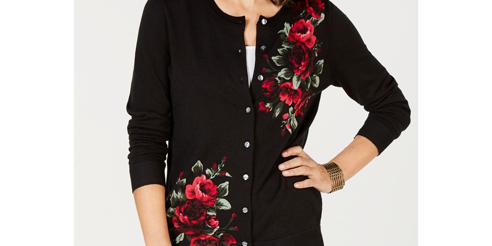 Karen Scott Cardigan Feminino Estampado Floral Preto Tamanho Pequeno P/M