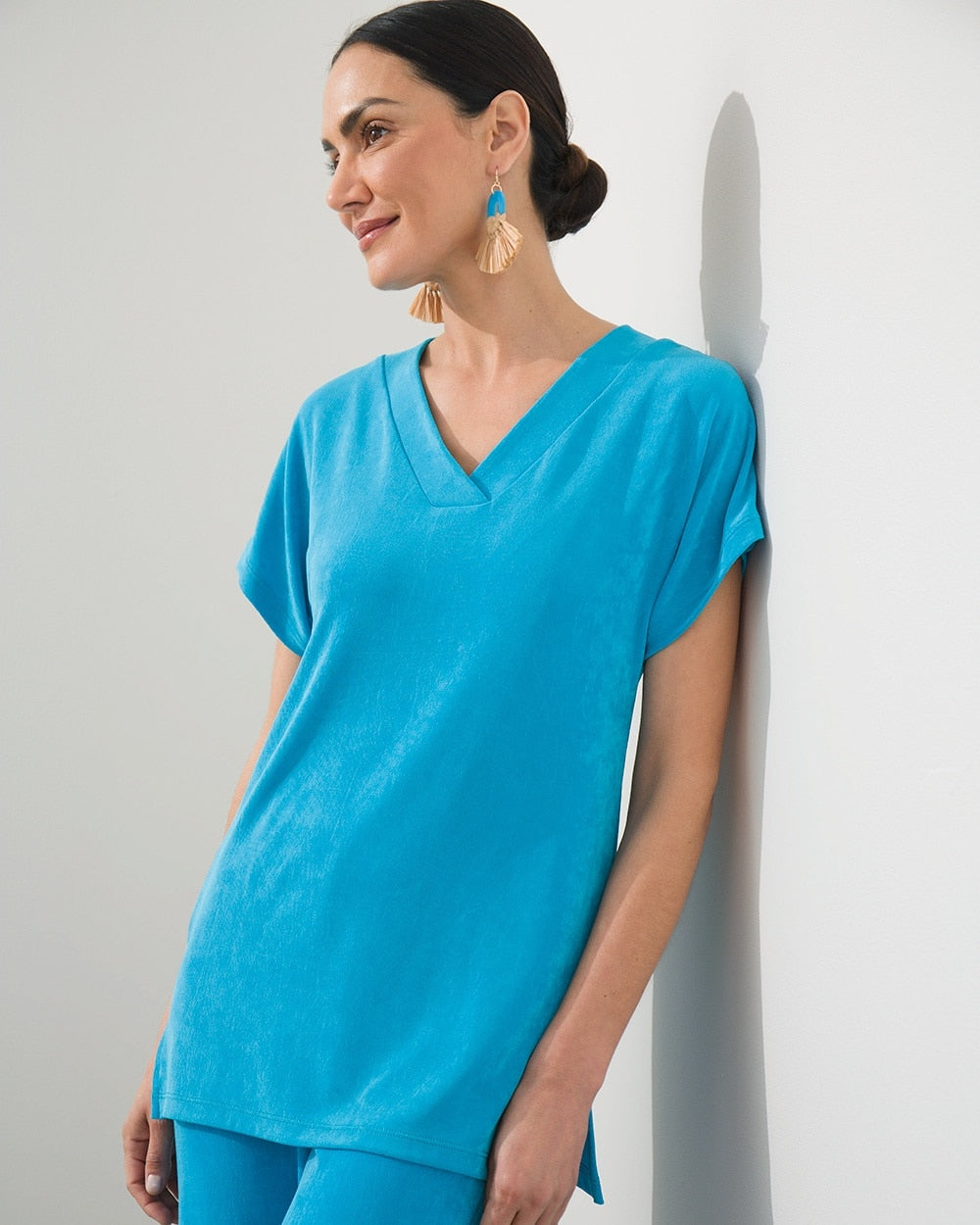 Blusa feminina Chico's Wrinkle-Free Travelers Classic com manga curta, tamanho P, cor ágata