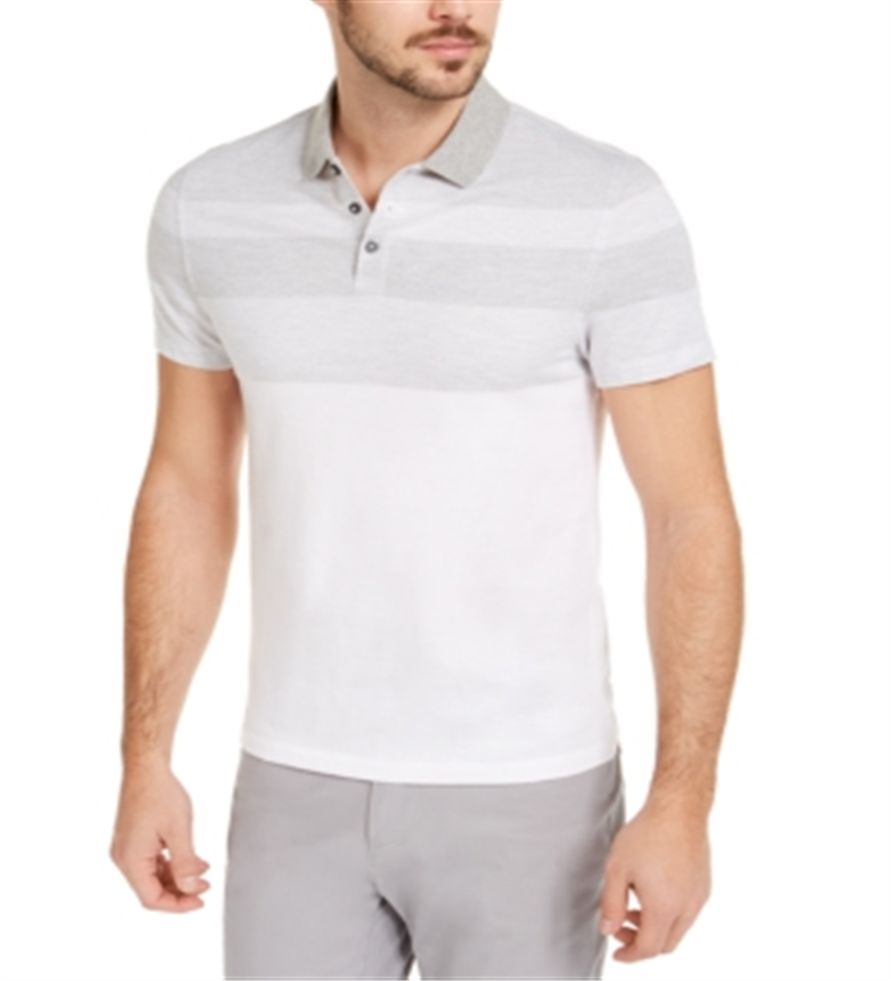 Camisa polo listrada de sarja masculina Alfani, branca, tamanho X-G