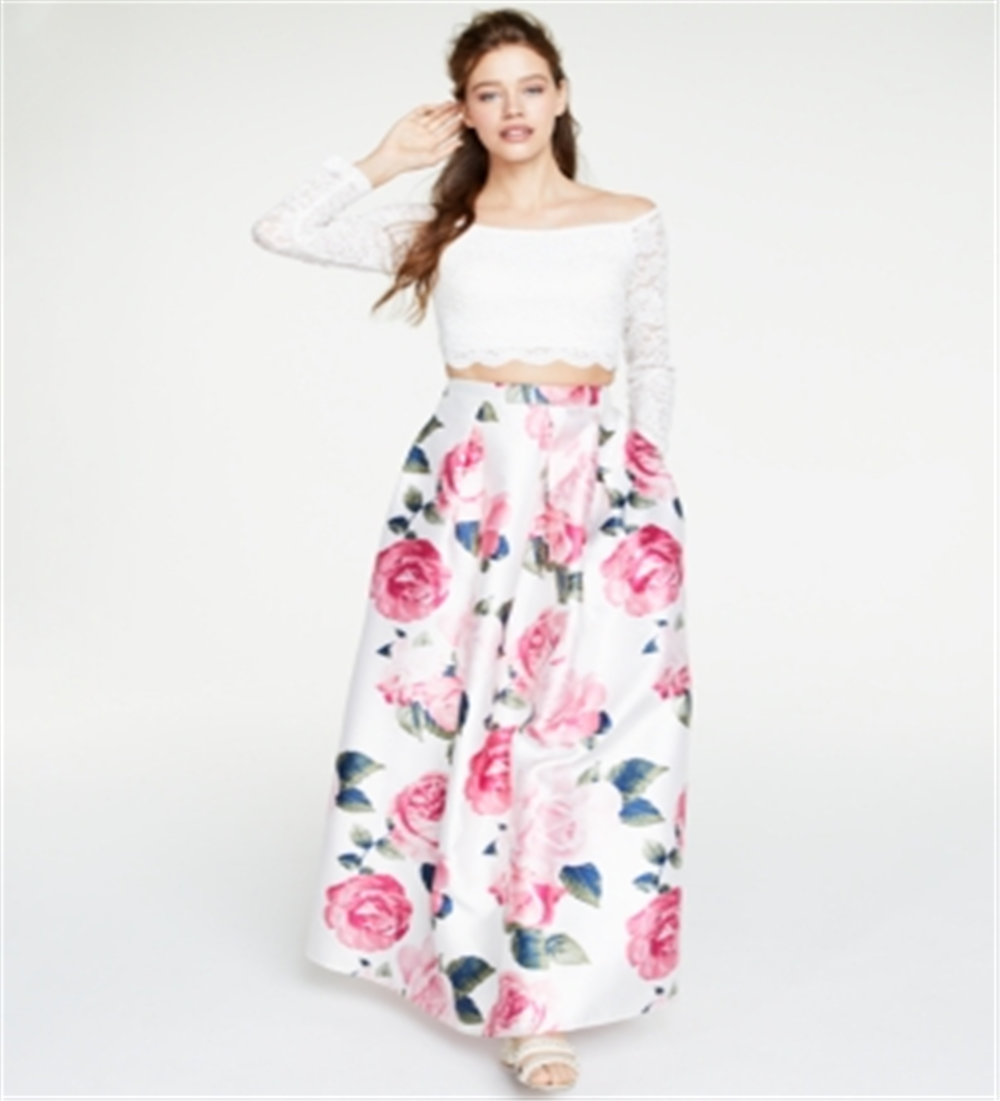 Vestido Teeze Me Junior de 2 peças, ombro de fora, renda e flores, branco, tamanho 0