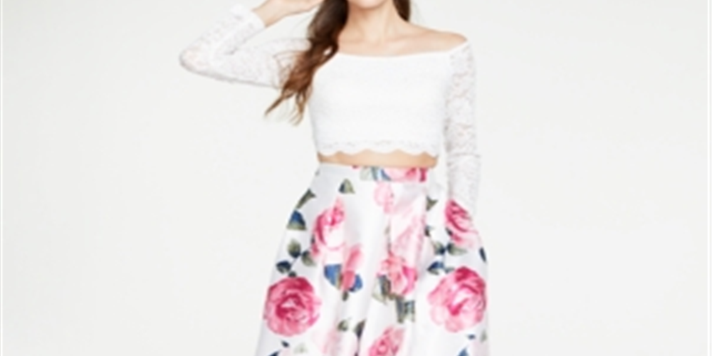 Vestido Teeze Me Junior de 2 peças, ombro de fora, renda e flores, branco, tamanho 0