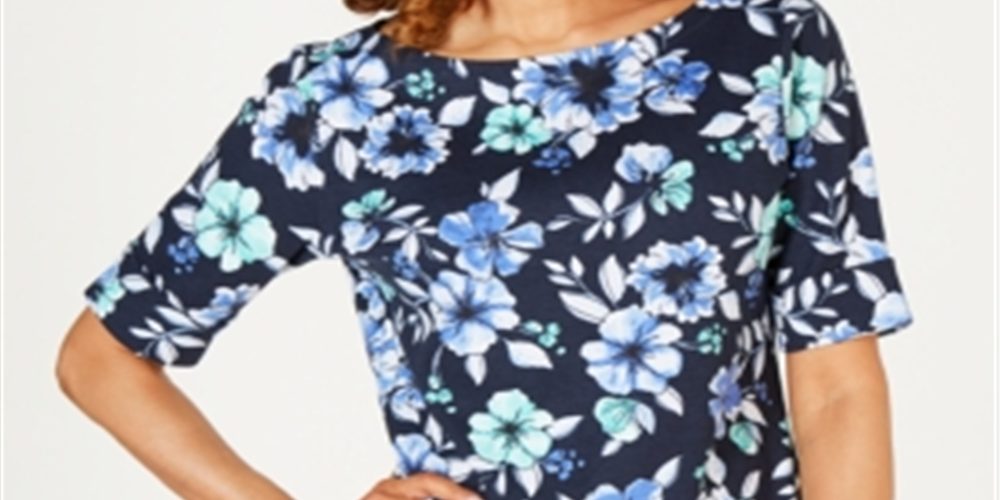 Karen Scott Blusa Feminina Gola Canoa com Estampa Floral e Borda Azul Tamanho XS