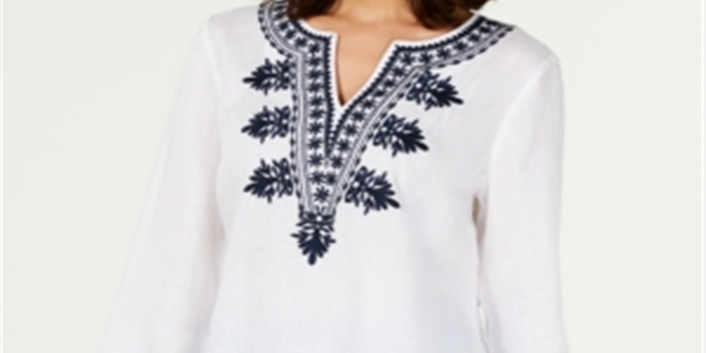 Túnica feminina Charter Club de linho bordada com decote dividido, branca, tamanho pequeno