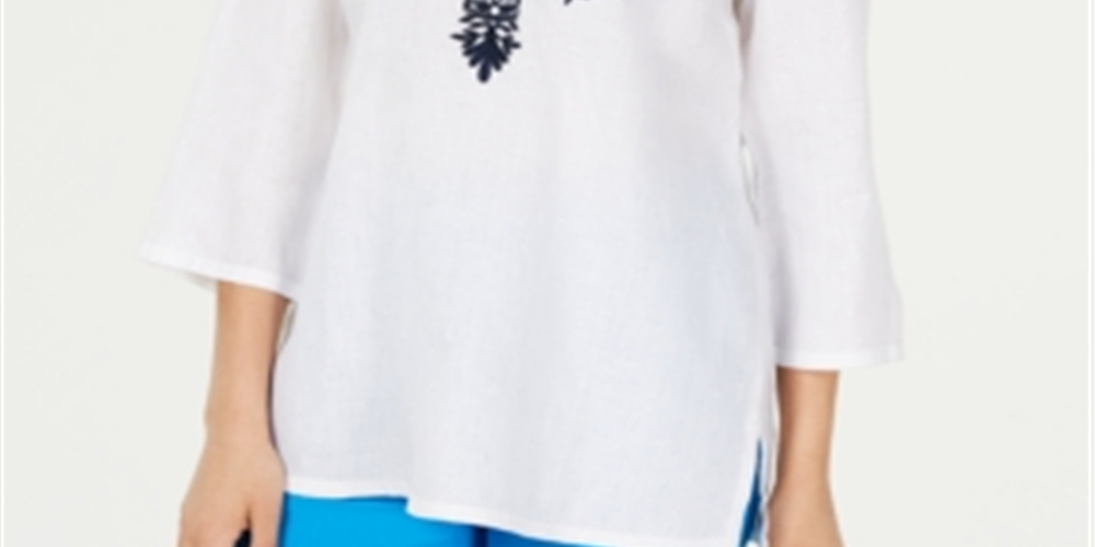 Túnica feminina Charter Club de linho bordada com decote dividido, branca, tamanho pequeno