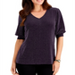 JM Collection Blusa feminina com manga bufante roxa tamanho XX-G