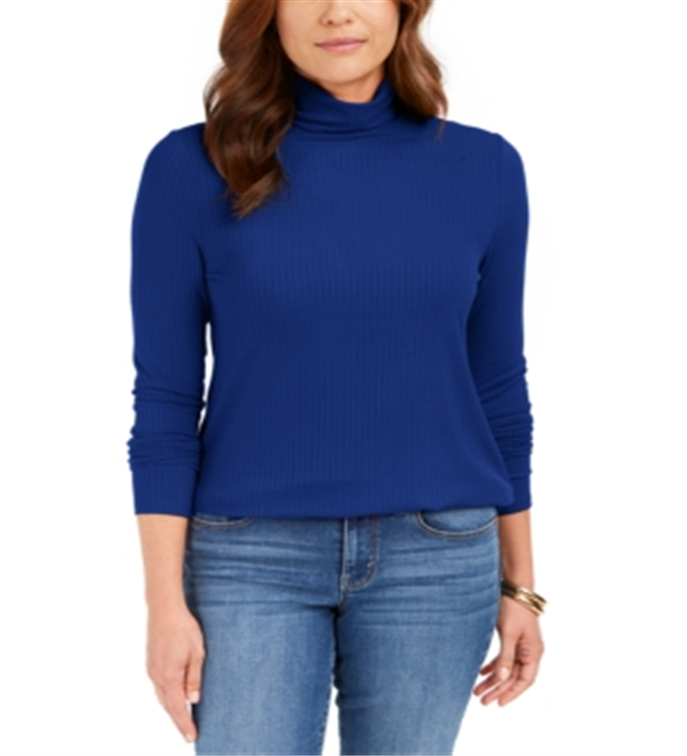 Blusa feminina Charter Club com gola alta canelada mesclada, azul, tamanho X-S