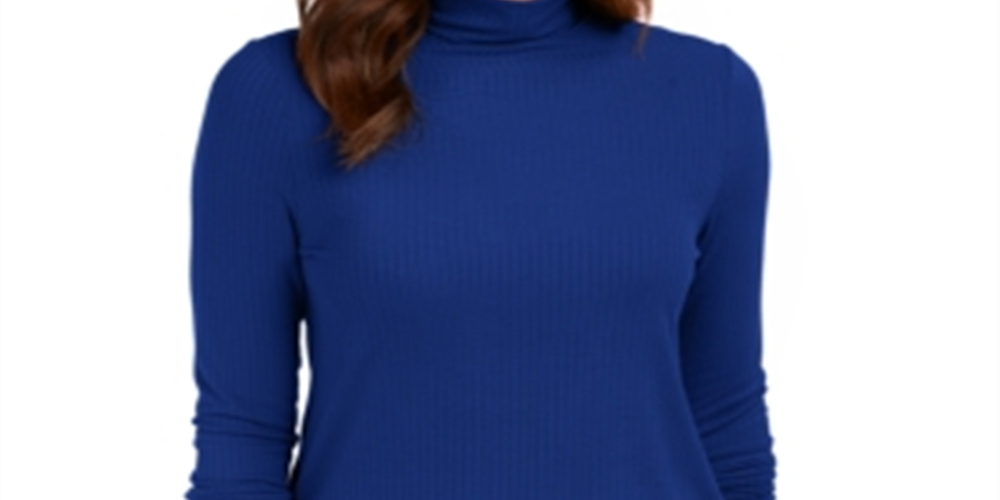 Blusa feminina Charter Club com gola alta canelada mesclada, azul, tamanho X-S