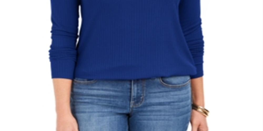 Blusa feminina Charter Club com gola alta canelada mesclada, azul, tamanho X-S