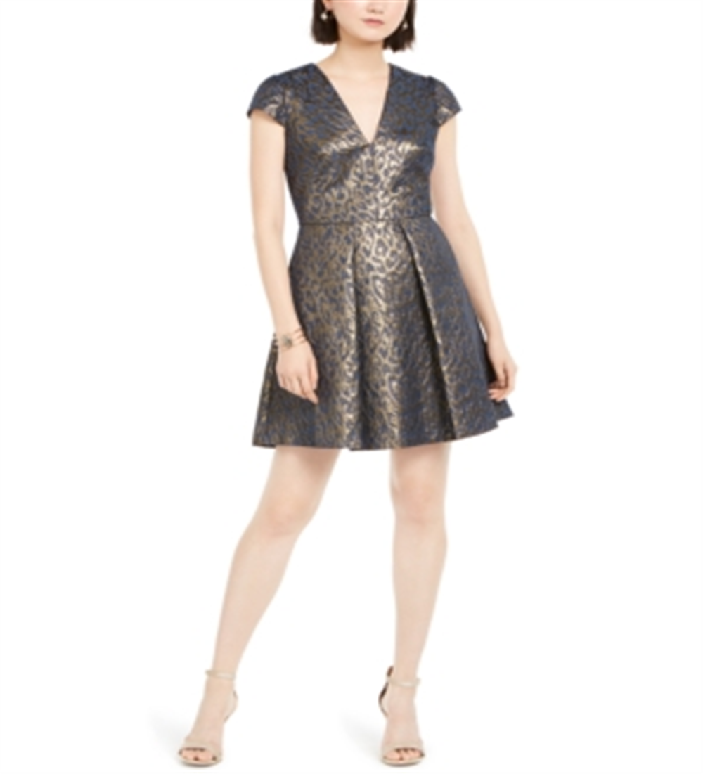 Vestido feminino Vince Camuto com corte justo e flare em jacquard metálico, azul, tamanho 2