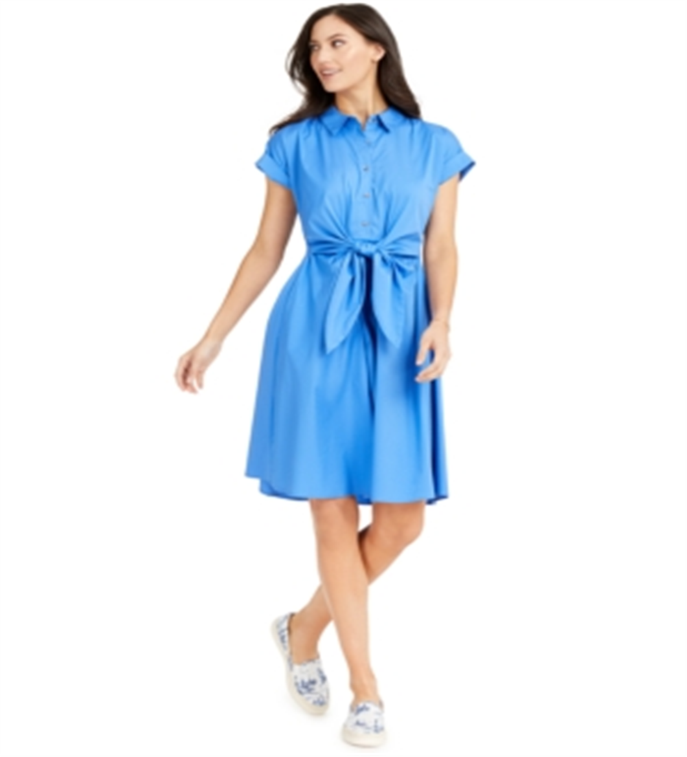 Vestido feminino Charter Club de algodão com amarração na cintura e ajuste evasê, azul, tamanho 18