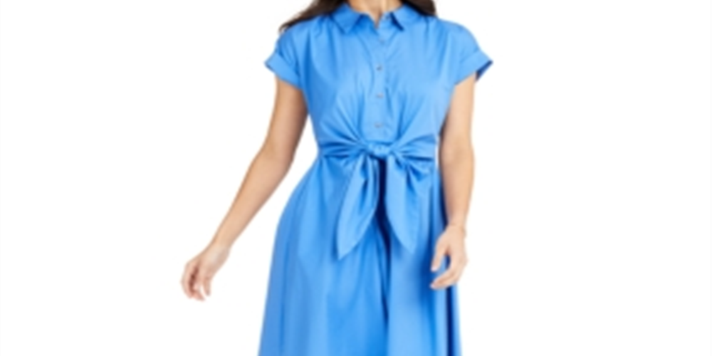 Vestido feminino Charter Club de algodão com amarração na cintura e ajuste evasê, azul, tamanho 18