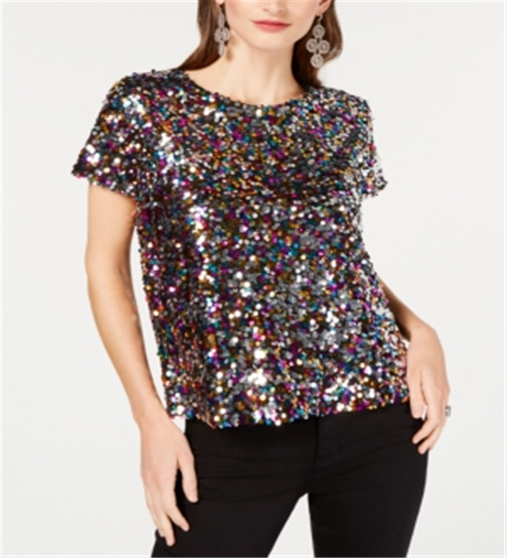 Camiseta feminina com lantejoulas da INC International Concepts, preta, tamanho grande