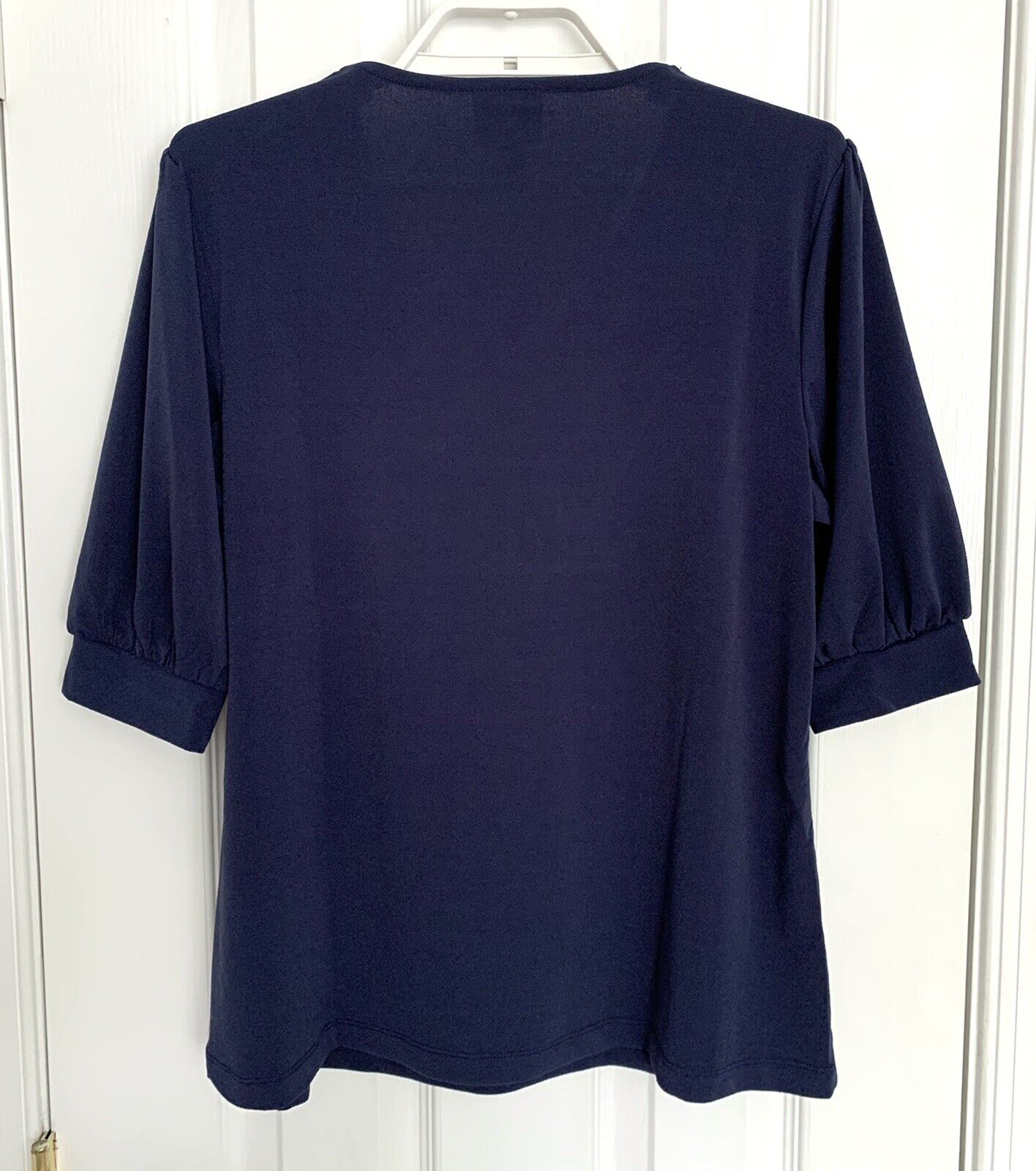 JM Collection Blusa feminina com manga bufante e decote em V, azul, tamanho pequeno