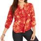 Camiseta feminina NY Collection Notations com manga 3/4 e decote dividido e botões, vermelha, tamanho pequeno grande