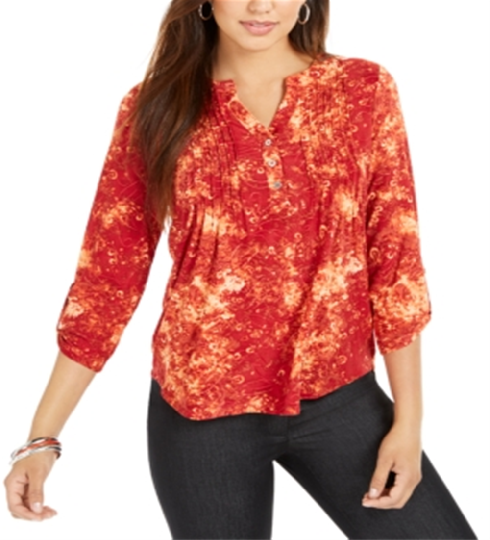 Camiseta feminina NY Collection Notations com manga 3/4 e decote dividido e botões, vermelha, tamanho pequeno grande