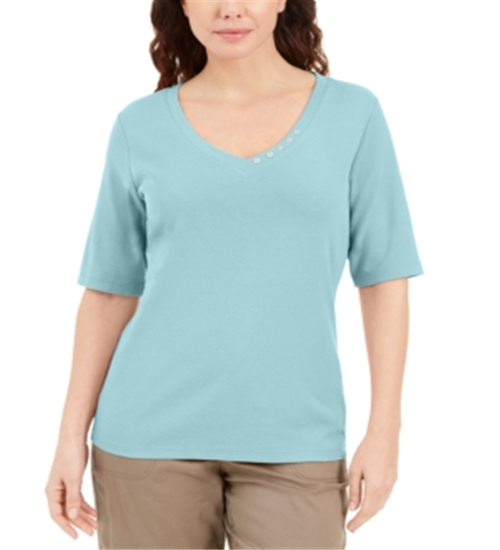Blusa Karen Scott com decote em V e detalhes em botões, azul, tamanho 2XL