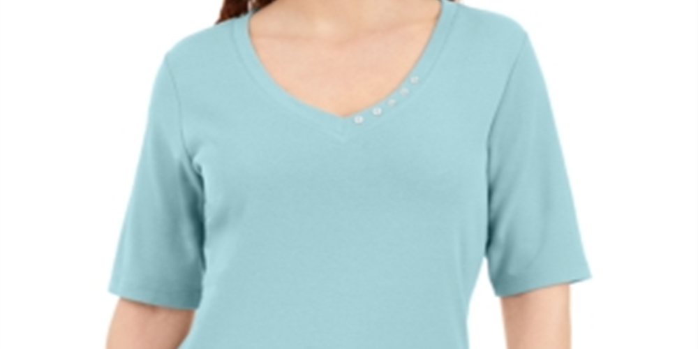 Blusa Karen Scott com decote em V e detalhes em botões, azul, tamanho 2XL