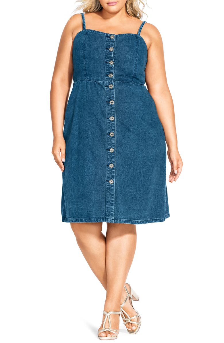 Vestido jeans de algodão moderno City Chic feminino com botões frontais, azul, tamanho 16W