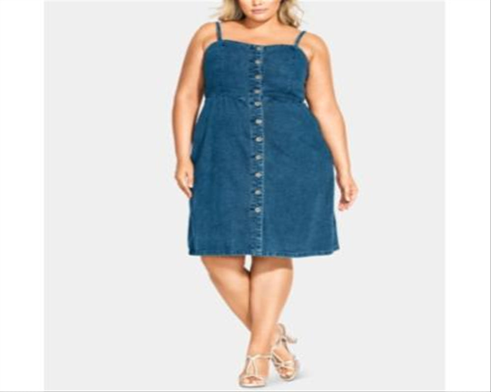 Vestido jeans de algodão moderno City Chic feminino com botões frontais, azul, tamanho 16W