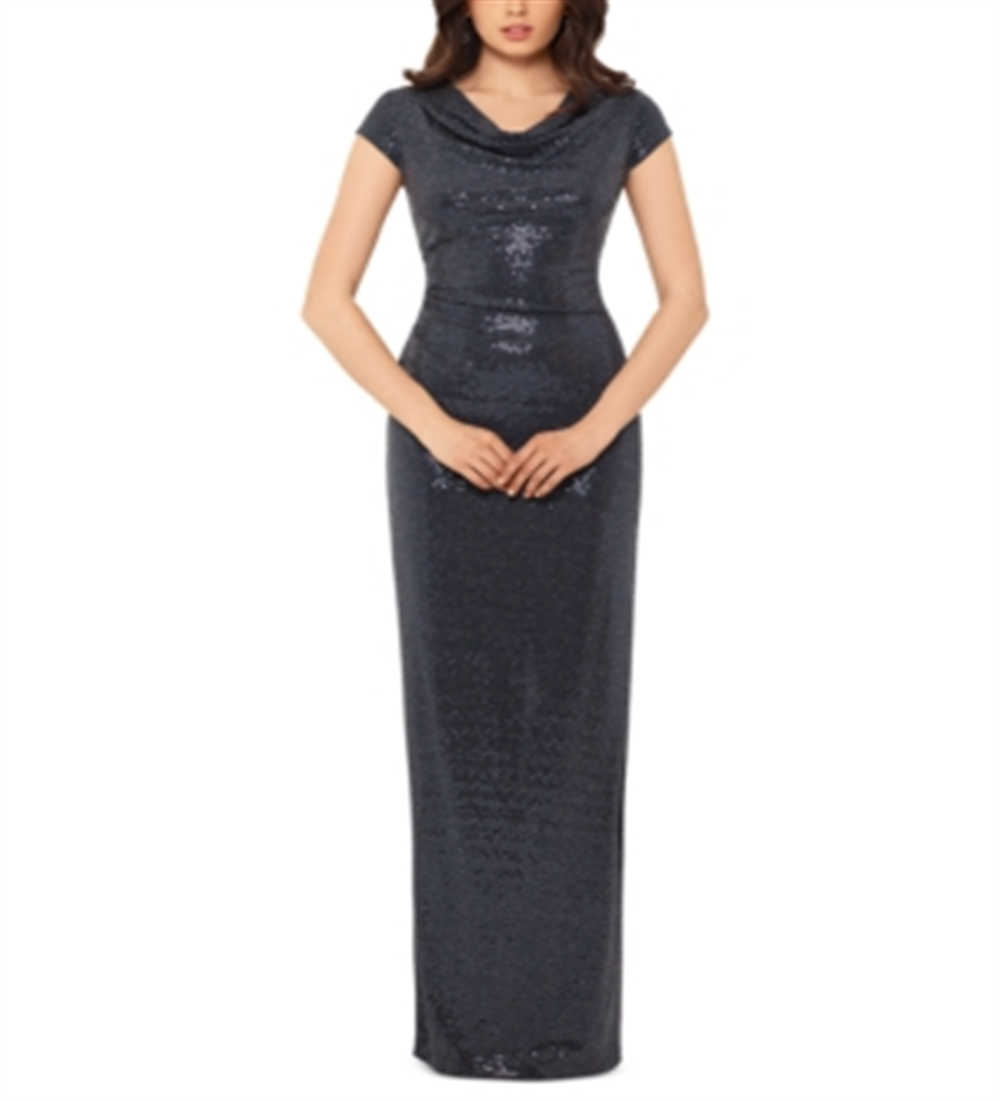 Vestido formal feminino Xscape com decote canoa e comprimento total, preto, tamanho 12