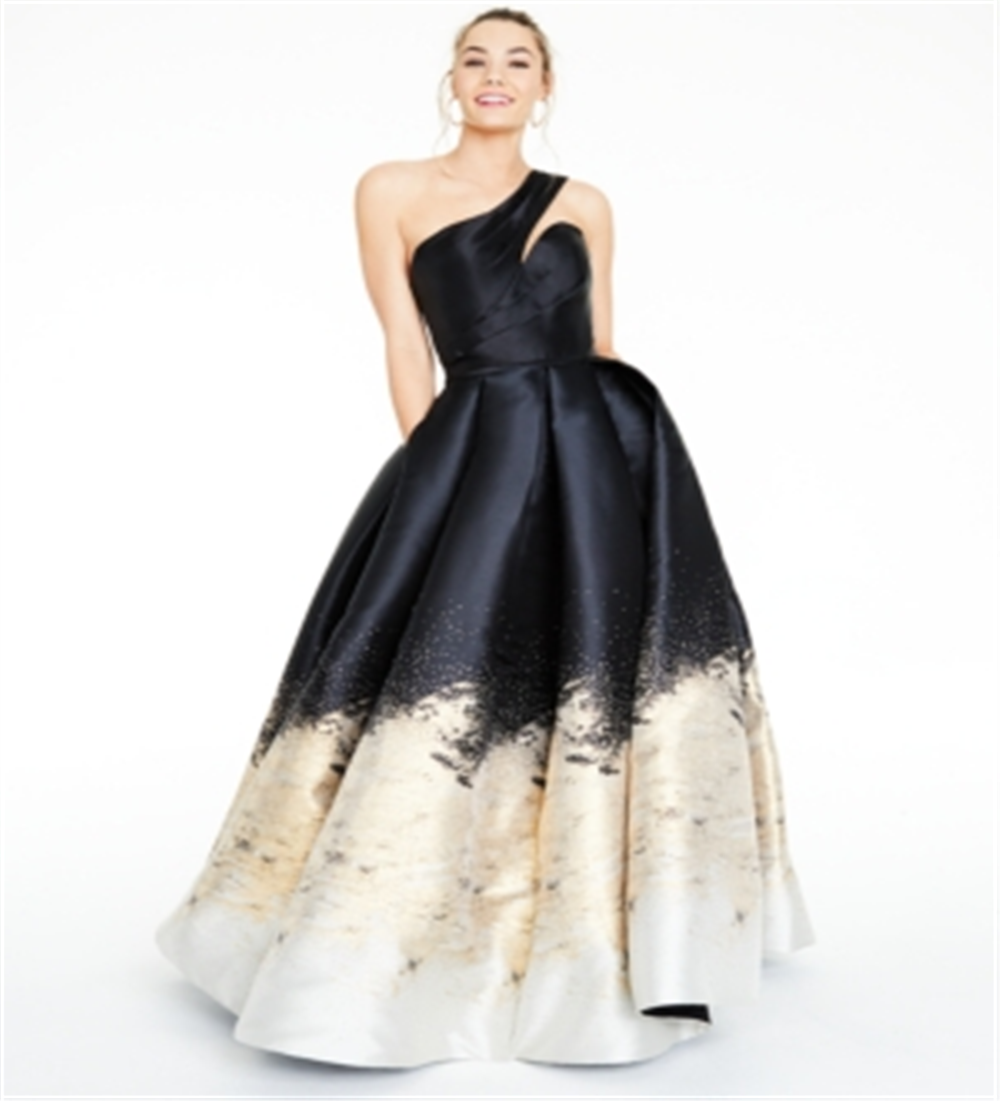 Vestido de mikado metálico de um ombro só da Glamour by Terani Junior, preto, tamanho 4