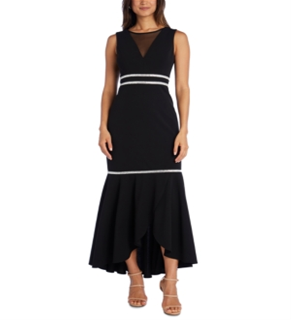 Vestido longo formal com decote ilusão e cintura baixa, sem mangas, R&amp;M Richards, feminino, tamanho 10, preto