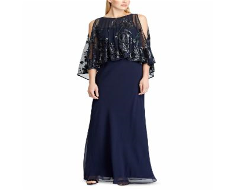 Vestido feminino Ralph Lauren com sobreposição de lantejoulas e georgette, azul, tamanho 12