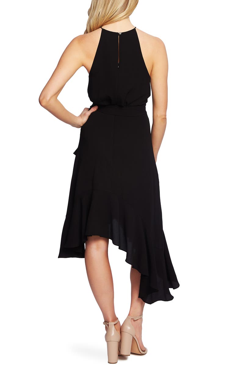 Vestido feminino CeCe com babados em cascata, sem mangas, frente única, abaixo do joelho, corte evasê, preto, tamanho 4