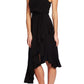 Vestido feminino CeCe com babados em cascata, sem mangas, frente única, abaixo do joelho, corte evasê, preto, tamanho 4