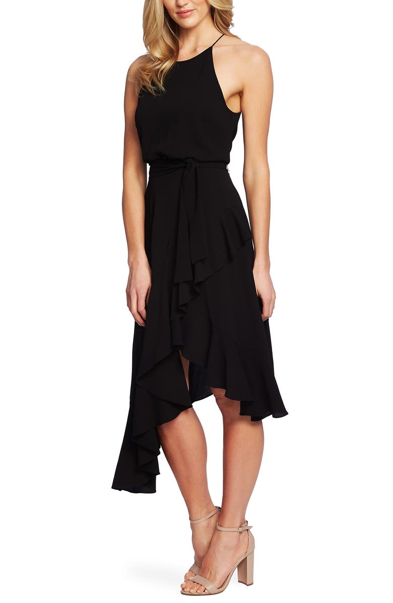 Vestido feminino CeCe com babados em cascata, sem mangas, frente única, abaixo do joelho, corte evasê, preto, tamanho 4