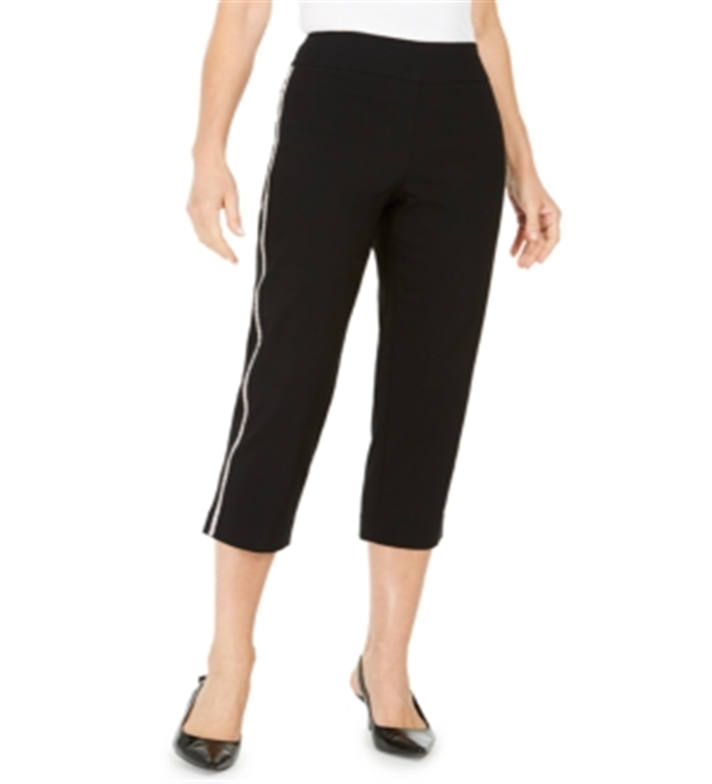 Calça Capri Feminina JM Collection Petite Diamonte Listrada Lateral Preta Tamanho Petite M