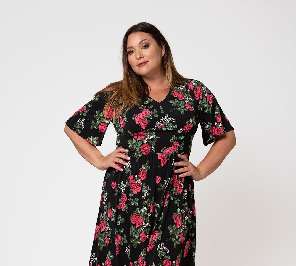 Vestido Zoe de manga curta feminino Leota em Ruby Rose (Curve) preto