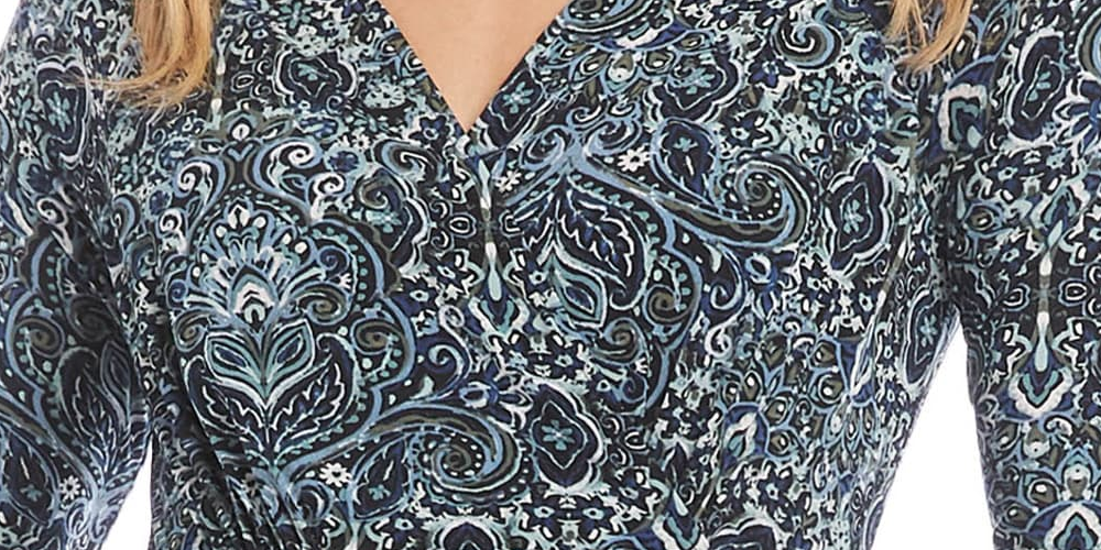 Vestido envelope falso estampado feminino Karen Kane, azul, tamanho extragrande
