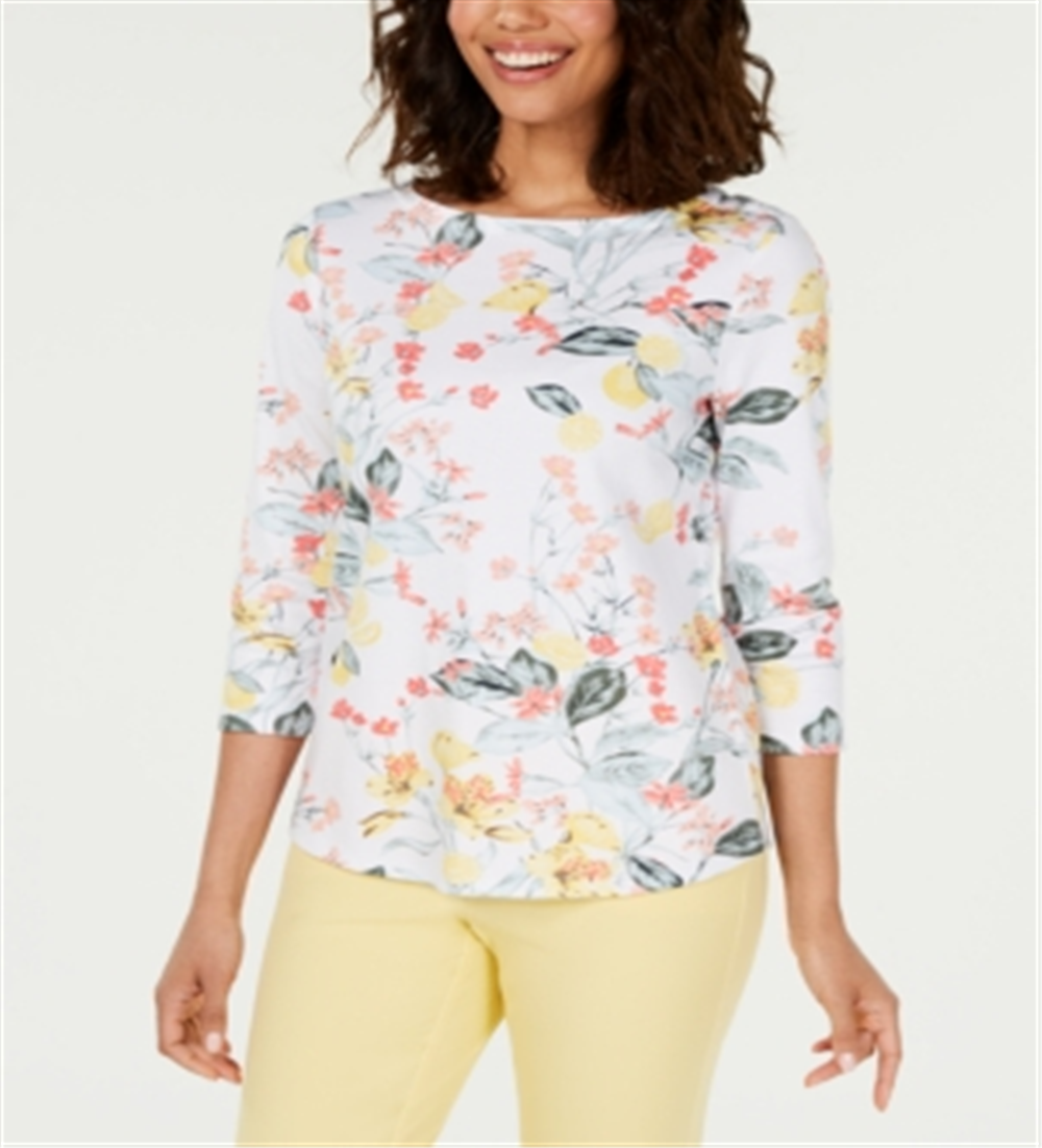Camiseta feminina Charter Club de algodão Pima com estampa combinada, branca, tamanho GG