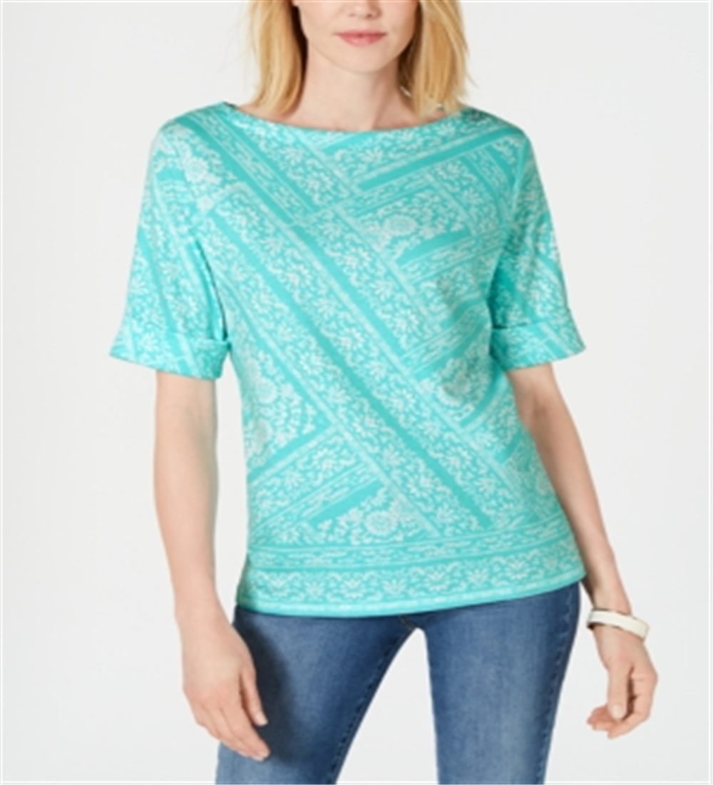 Blusa feminina Karen Scott estampada, manga curta, gola redonda, azul, tamanho pequeno