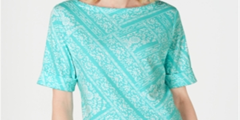 Blusa feminina Karen Scott estampada, manga curta, gola redonda, azul, tamanho pequeno