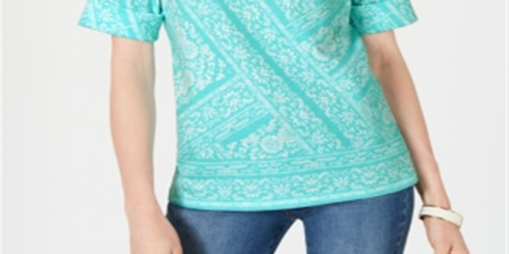 Blusa feminina Karen Scott estampada, manga curta, gola redonda, azul, tamanho pequeno