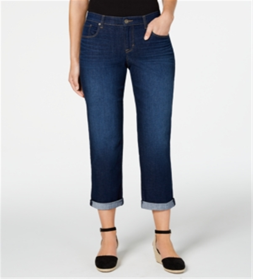 Calça jeans estilo boyfriend feminina, estilo curvy-fit, com punho, azul, tamanho 2