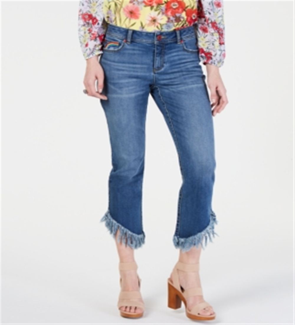 Calça jeans skinny cropped com franjas arco-íris feminina INC, azul, tamanho 8