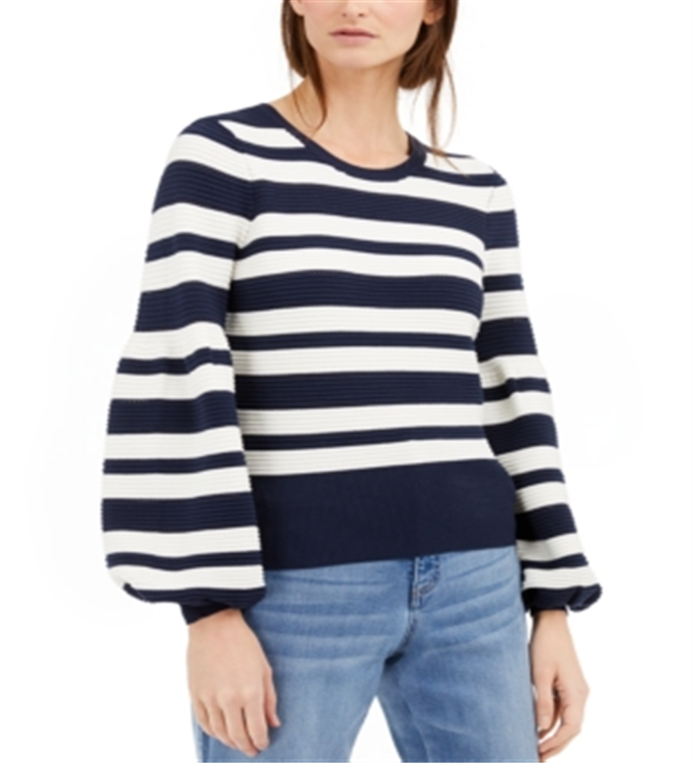 Suéter feminino listrado com nervuras e gola joia, manga comprida, tamanho grande, azul, da INC International Concepts