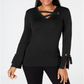 Top feminino com decote em V e acabamento em ilhós JM Collection, preto, tamanho pequeno GG