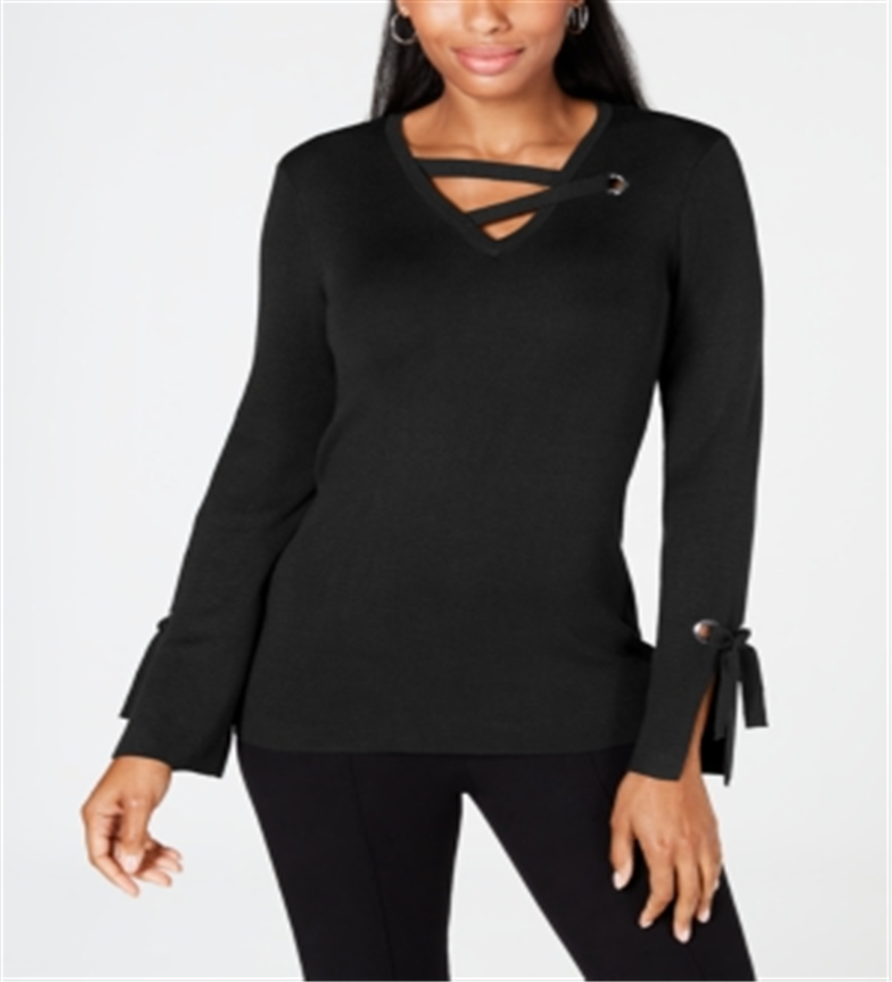 Top feminino com decote em V e acabamento em ilhós JM Collection, preto, tamanho pequeno GG