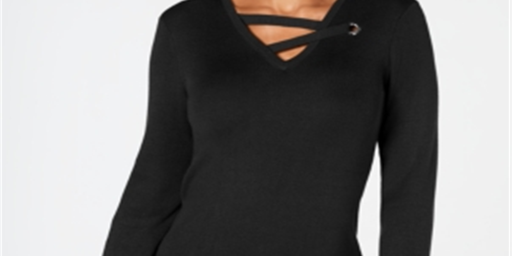 Top feminino com decote em V e acabamento em ilhós JM Collection, preto, tamanho pequeno GG