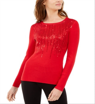 Blusa feminina lisa de manga comprida com decote em joia, tamanho extrapequeno, vermelha, da IINC International Concepts