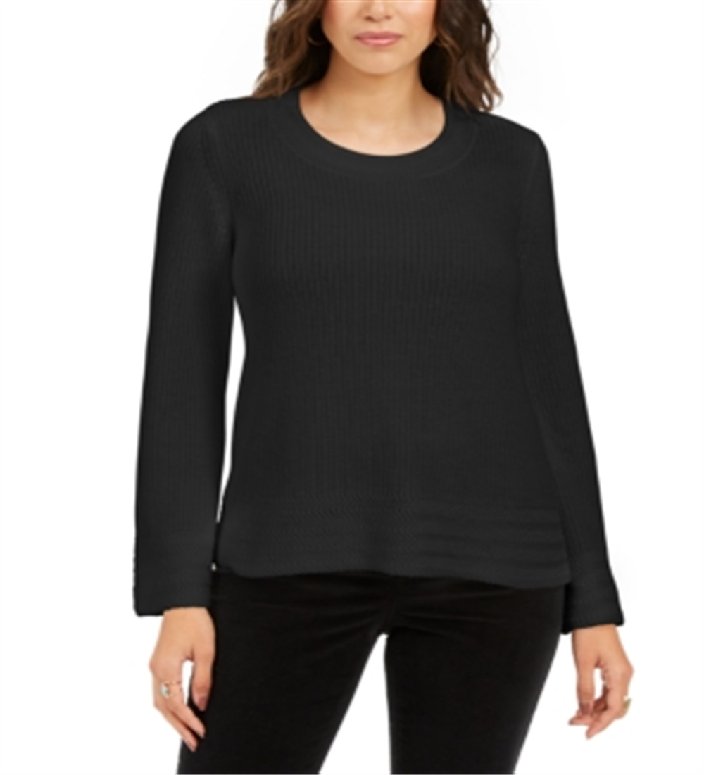 Camiseta feminina de malha texturizada com estampa e manga comprida e decote redondo, tamanho preto, tamanho pequeno G