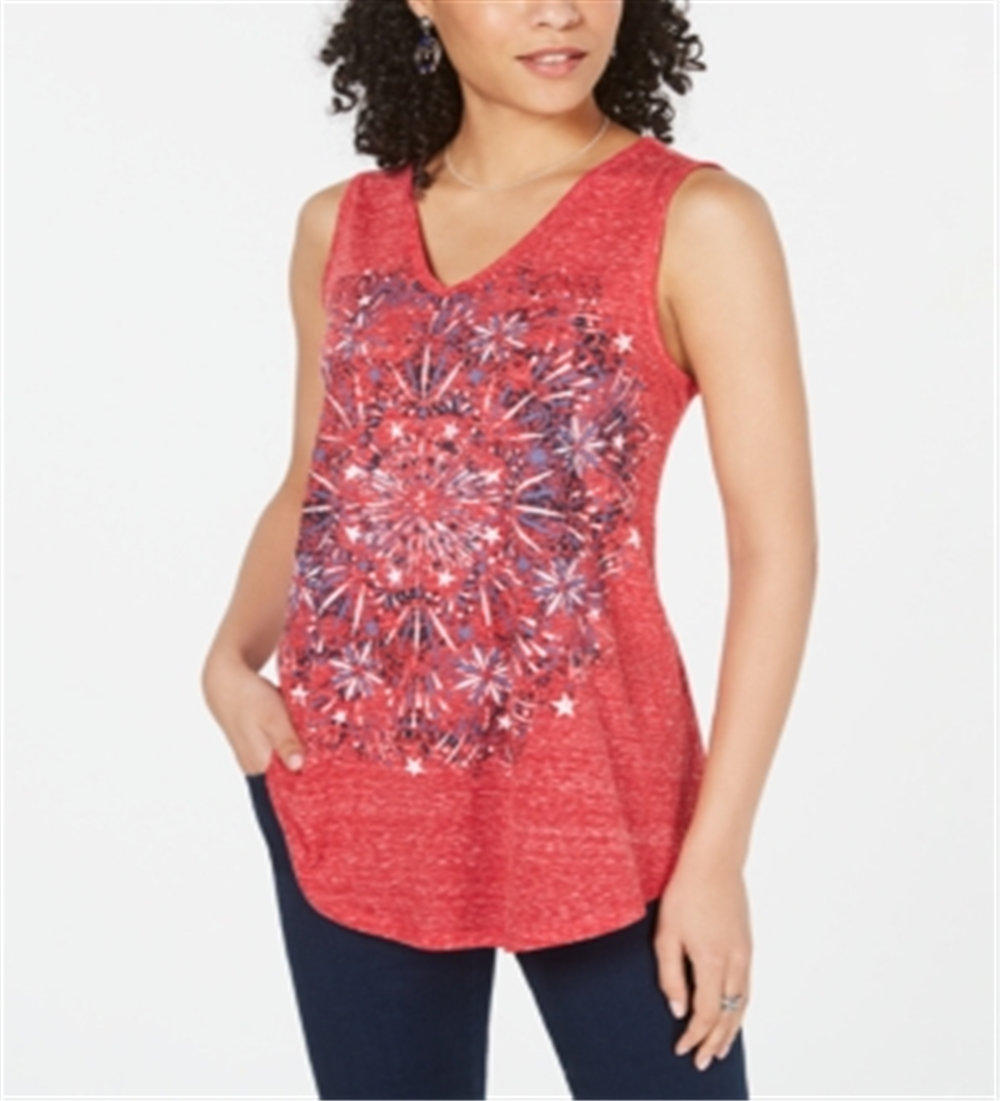 Top feminino estilo &amp; co com decote em V e estampa gráfica, tamanho grande, vermelho