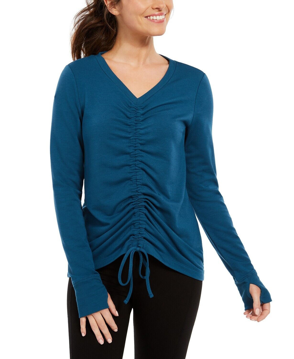 Ideologia Blusa Feminina Manga Longa Franzida Gola V Active Wear Azul Tamanho P