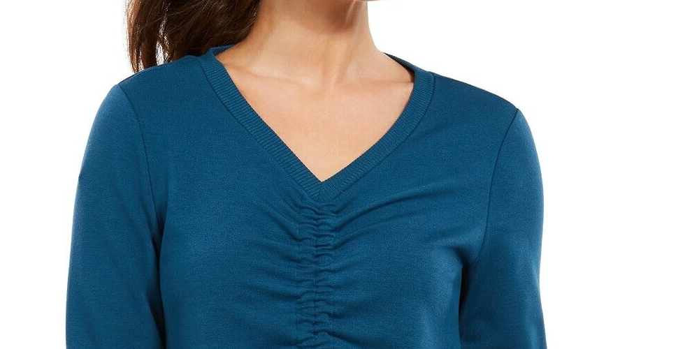 Ideologia Blusa Feminina Manga Longa Franzida Gola V Active Wear Azul Tamanho P