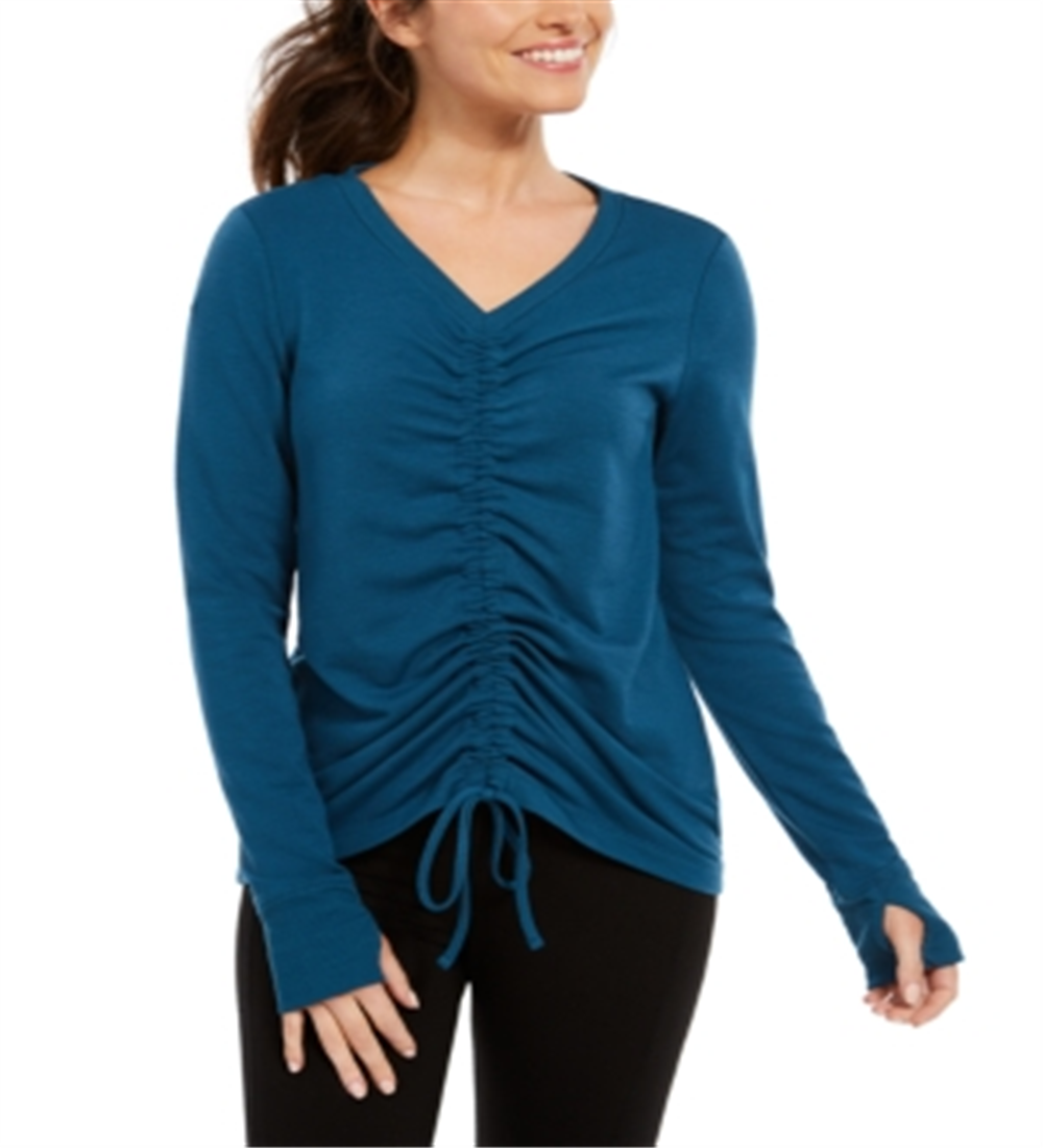 Ideologia Blusa Feminina Manga Longa Franzida Gola V Active Wear Azul Tamanho P