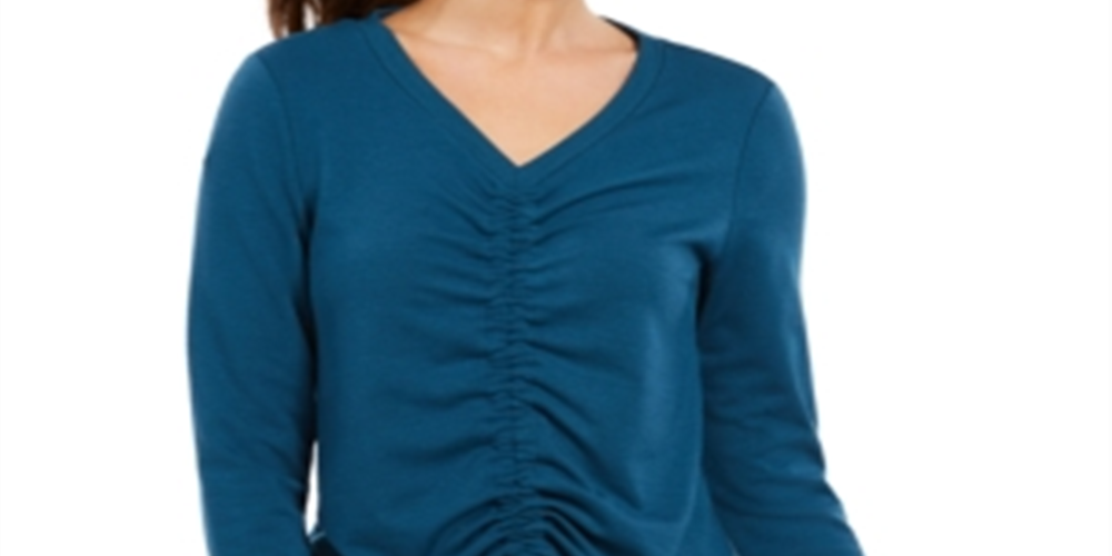 Ideologia Blusa Feminina Manga Longa Franzida Gola V Active Wear Azul Tamanho P